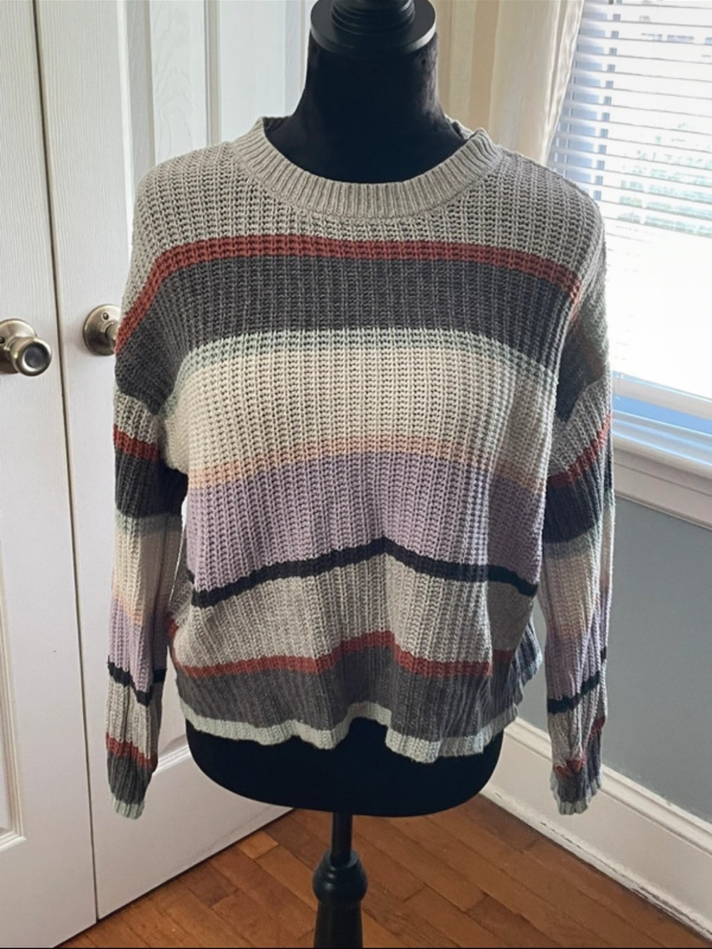 American Eagle Outfitters Striped Crewneck Sweater in Gray, Cream & Lavender
